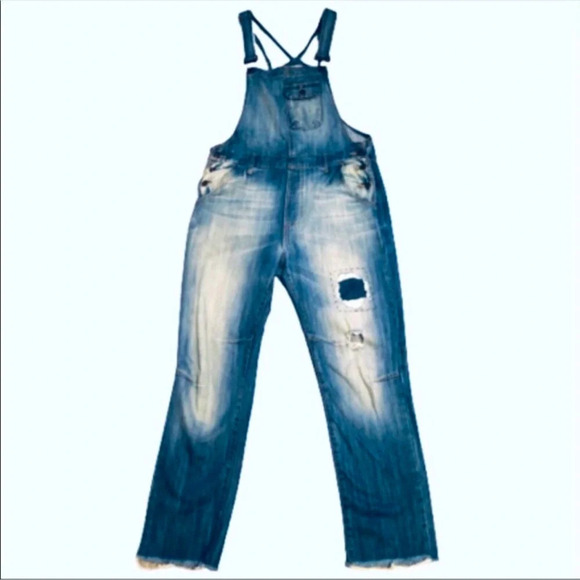 Hidden blue Y2K inspired denim overalls jeans with raw hemline - Picture 2 of 7